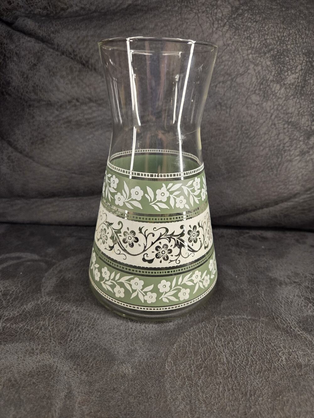 Vintage Mid-Century Glass Juice Carafe Green & White Floral Silver Bands 7.5"